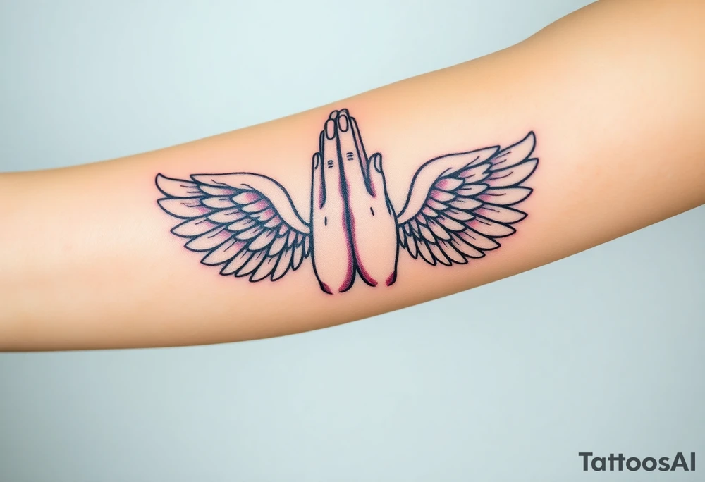 Prayer hand with names mixing in angel wings tattoo idea