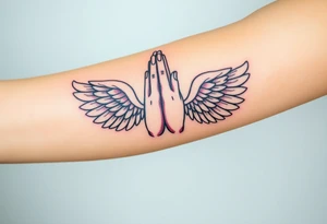 Prayer hand with names mixing in angel wings tattoo idea