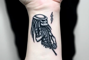 Predator with staff pointing towards sky with lighting bolt tattoo idea