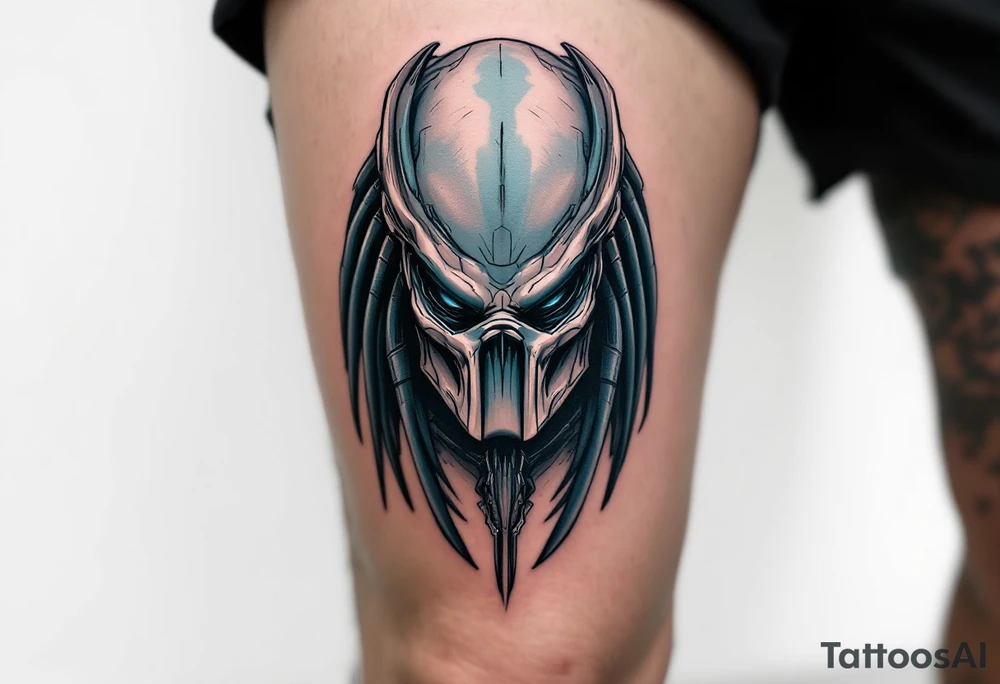 Ghost Predator – A stealth-based hunter with muted gray-blue camouflage skin, almost no armor, and a skull-like bio-mask designed to terrify prey. Uses silent weapons instead of plasma-based technology. tattoo idea