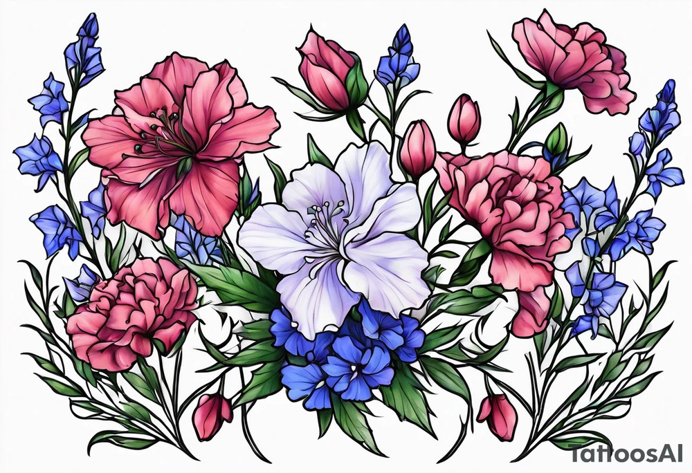 Larkspur flowers and carnation flowers tattoo idea