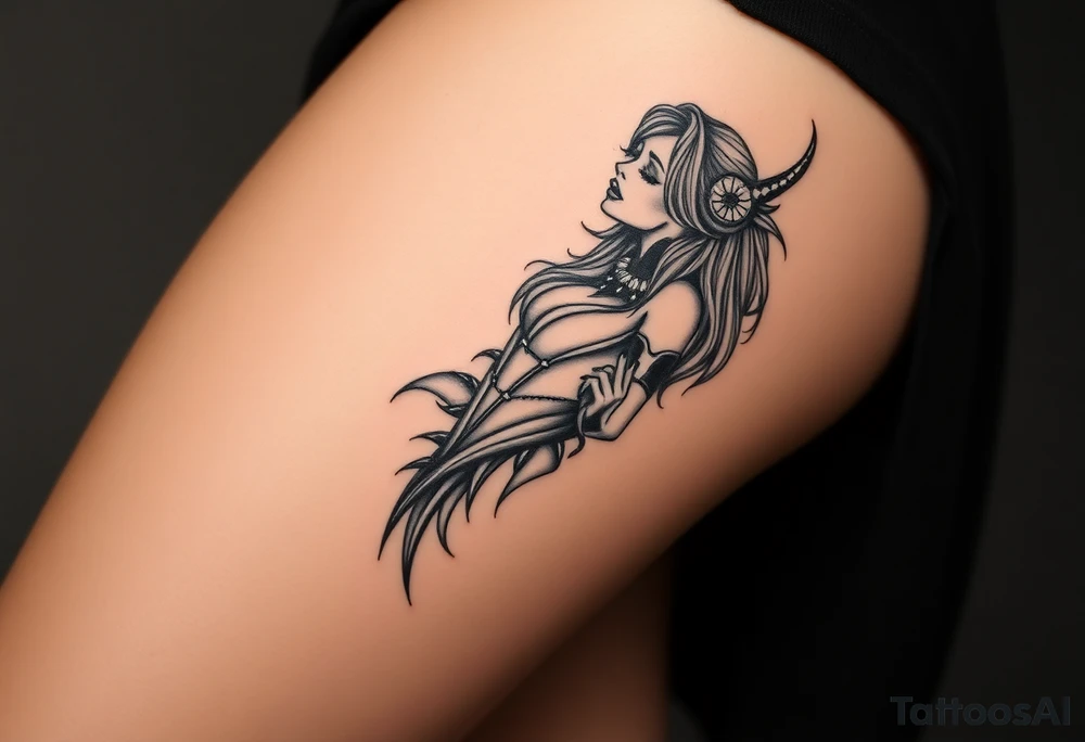 Sexy woman, Gothic but feminine  for thigh tattoo idea