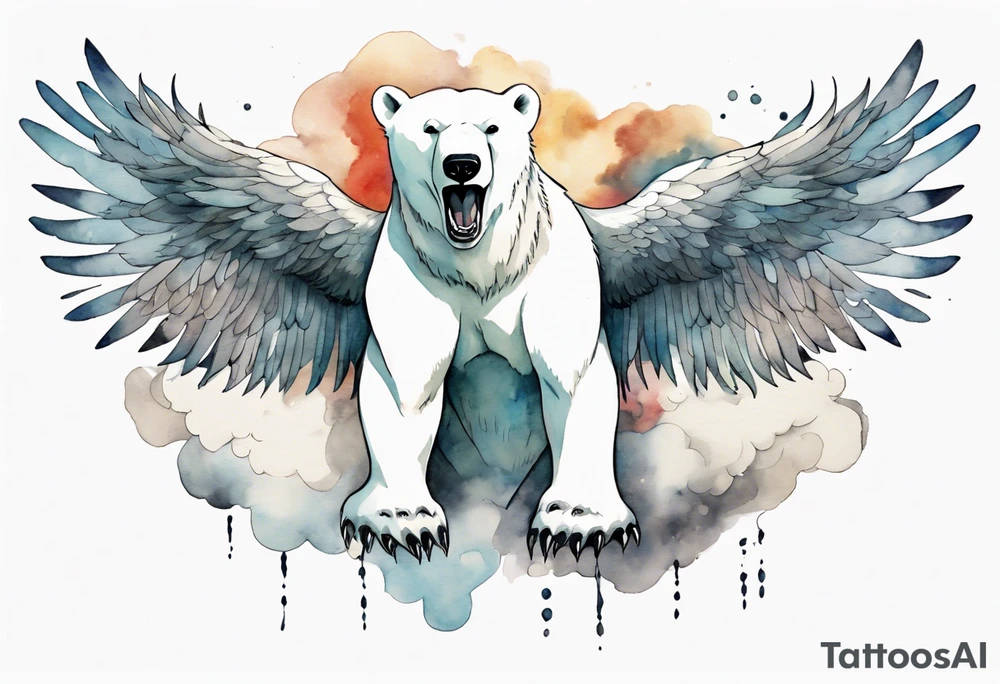 a polar bear with wings, standing on thunder clouds, with mouth wide open tattoo idea