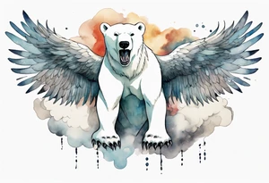 a polar bear with wings, standing on thunder clouds, with mouth wide open tattoo idea