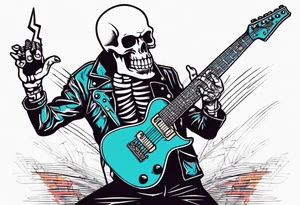 A rockstar skeleton performing with an electric guitar and doing metal horns. tattoo idea