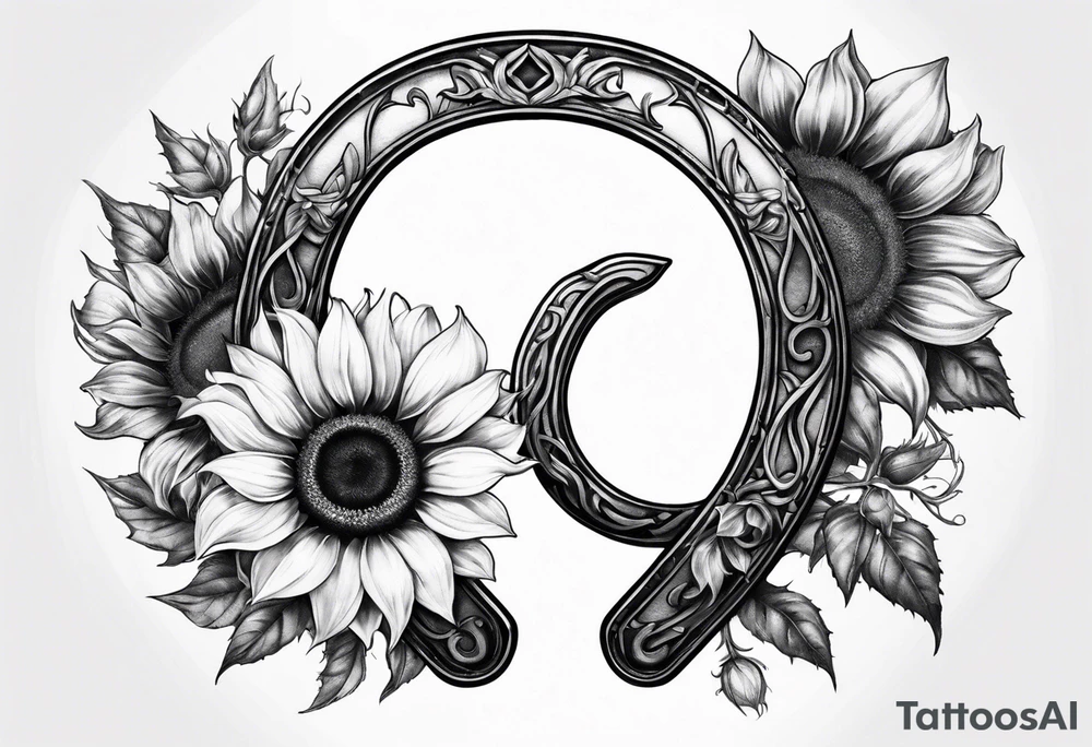Realistic Horseshoe around a sunflower tattoo idea