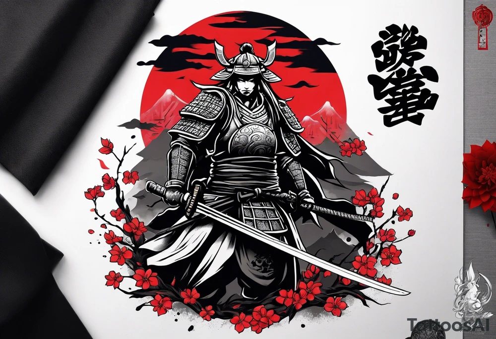 samurai with sword in blood, in armor, for a forearm
Should contains sakura leaves in Anime style. Some Ghost of Taushima vibe
The tatoo should show i have dedication, respect and inner strength, and I try to become better everyday tattoo idea
