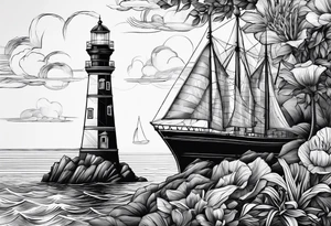 phare maritime dans un bateau a voiles. tattoo idea