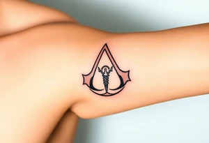 Assassins Creed emblem with main character,. Weapons with blood splashes on background. tattoo idea