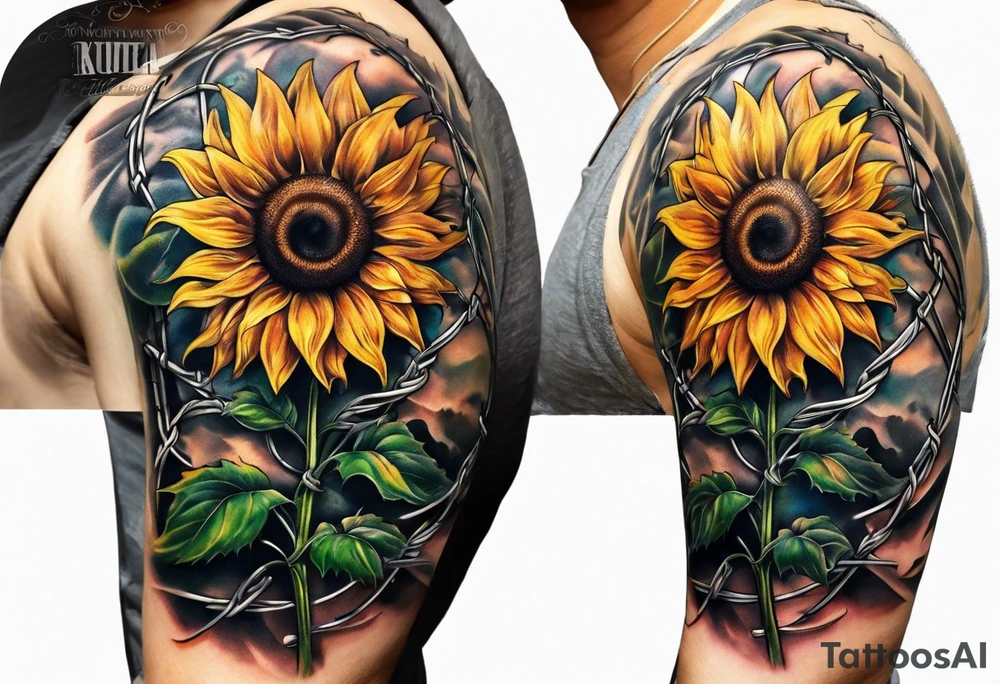 Sunflower, wheat, and barbed wire half sleeve tattoo idea