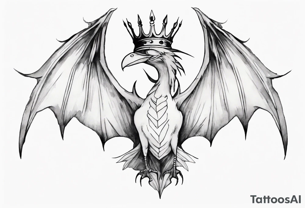 a bird-wyvern hybrid wearing a minimalist crown, flying tattoo idea
