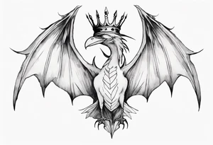 a bird-wyvern hybrid wearing a minimalist crown, flying tattoo idea