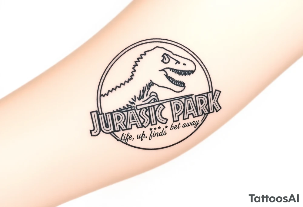 Jurassic Park logo with the dinosaur holding a big stick but with "Life, uh, finds a way" instead of the words "Jurassic Park" tattoo idea