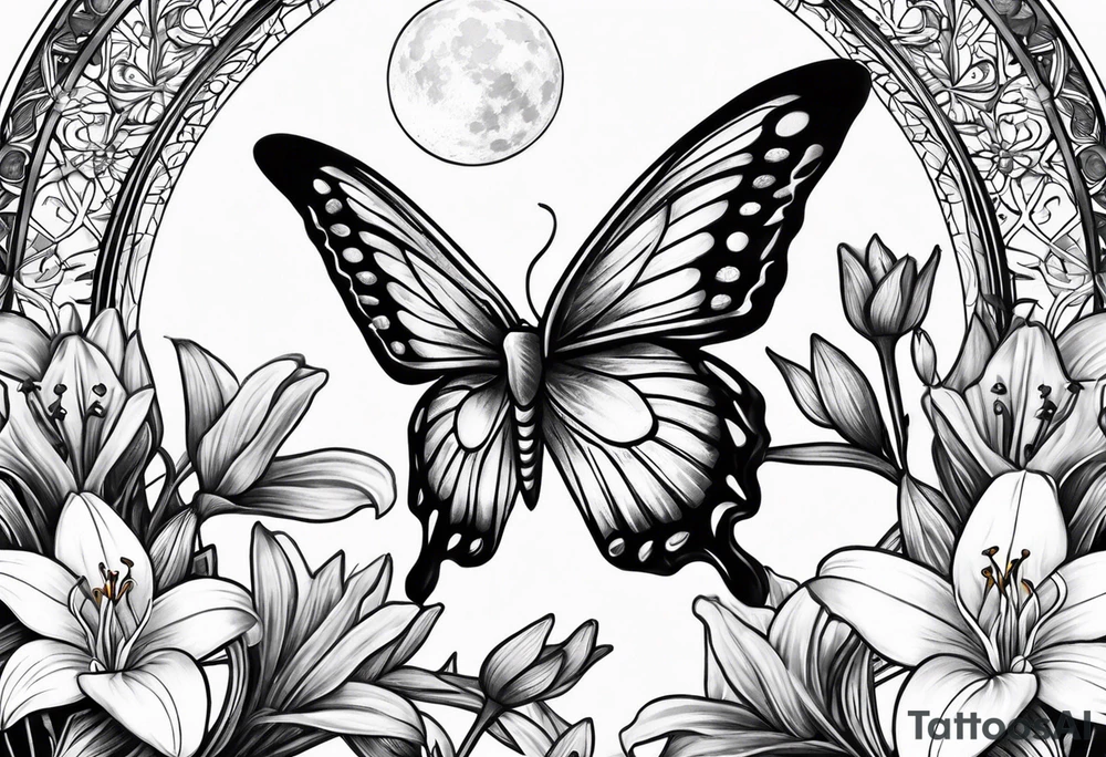 Moon and stars moth lily tattoo idea