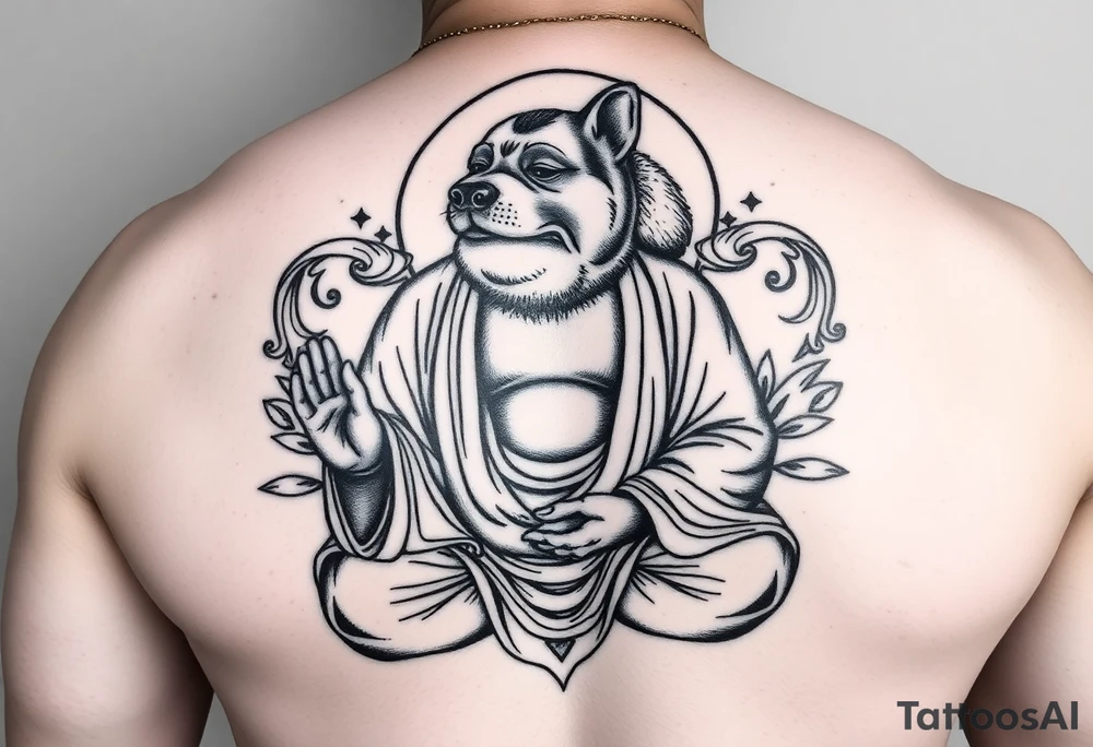 Meditating fat Buddha with dog head tattoo idea