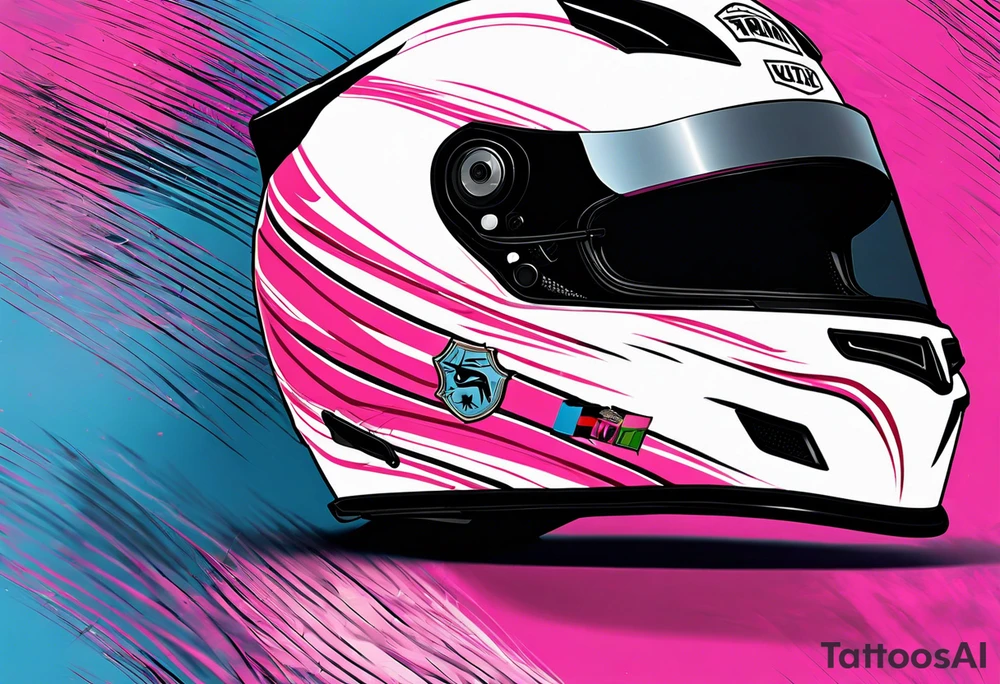 formula 1 helment with a palm three and black light blue and pink colors tattoo idea