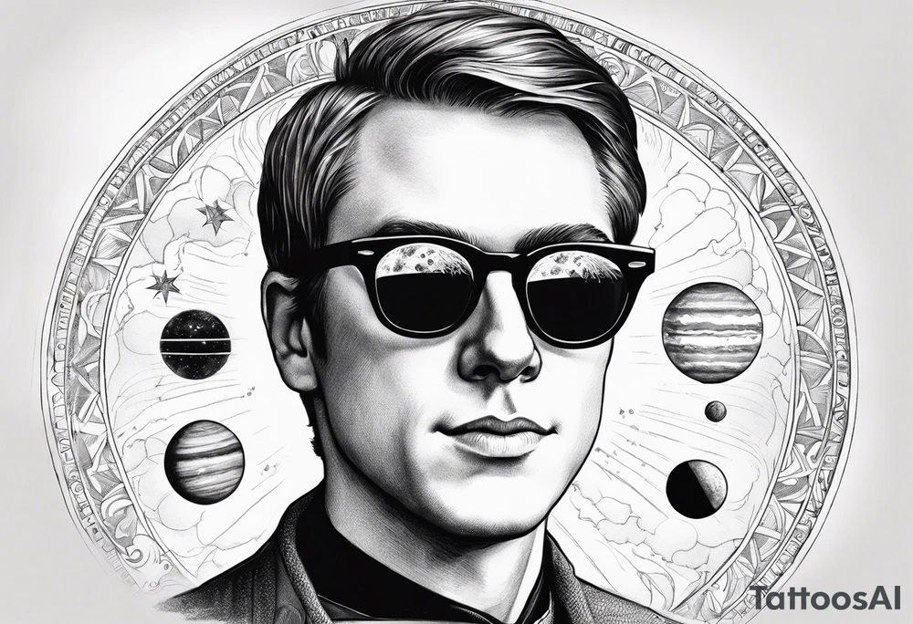 realistic portrait of Joseph Smith Jr. wearing a Dartmouth College shirt, and hypnotic looking sunglasses, with a solar system background tattoo idea