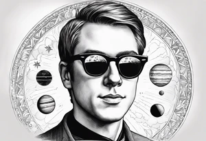 realistic portrait of Joseph Smith Jr. wearing a Dartmouth College shirt, and hypnotic looking sunglasses, with a solar system background tattoo idea