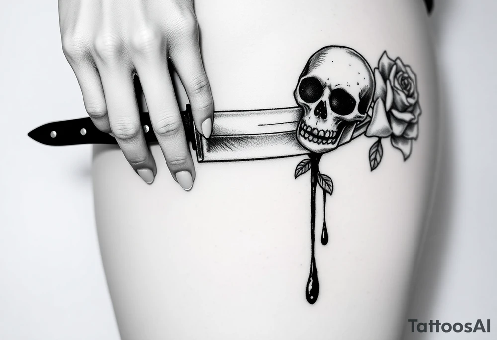 en el caos encontré mi forma favorita 
de amarte somos veneno y promesa.  Add around 

Woman’s hand reaching down grabbing blade handle, skeleton head on right under blade, rise on right under blade, blood dry from tip of blade, skeleton hand reaching for Blade tip. Just the hand and place above blade handle reaching for handle. Skull and rose underneath blade. Just the skeleton hand reaching for tip of knife which is dripping blood. tattoo idea