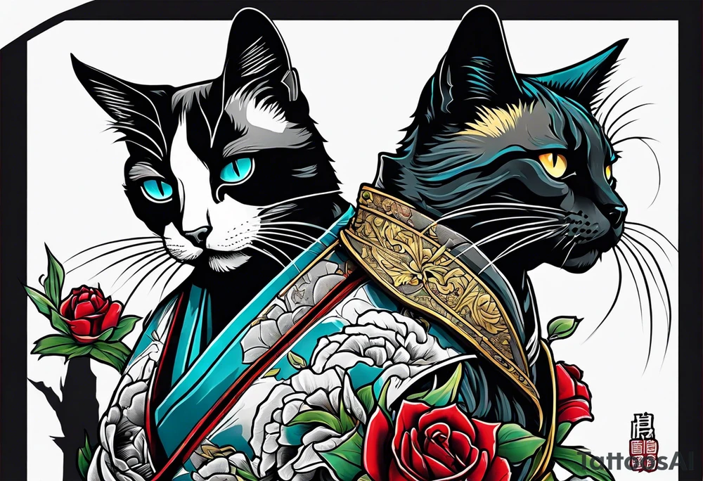 A siamese samurai cat killing a zombie tattoo idea
