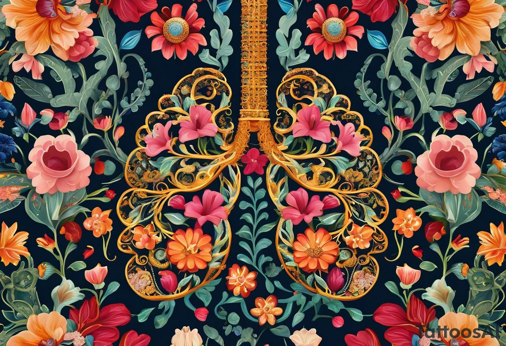 intricate and artistic arrangement of flowers and ornamental patterns that come together to form the shape of human lungs. The design should have a balance of delicacy and detail, with vibrant floral elements seamlessly intertwining to mimic the structure of the lungs, including the bronchi branching into floral motifs. Incorporate subtle shading and depth to give the tattoo a dynamic and organic feel, while maintaining elegance and symmetry tattoo idea