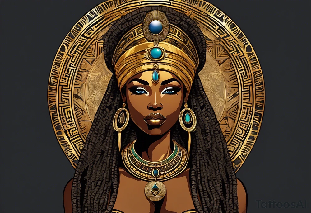 African Goddess wearing the eye of Horus in the center of her forehead and the ankh symbol necklace in gold with the sun on one side behind her and the moon on the opposite side behind her tattoo idea