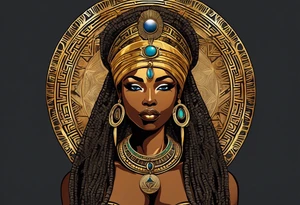 African Goddess wearing the eye of Horus in the center of her forehead and the ankh symbol necklace in gold with the sun on one side behind her and the moon on the opposite side behind her tattoo idea