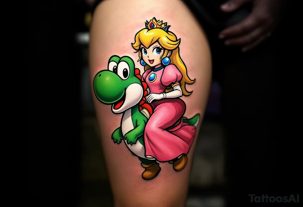 Princess Peach riding Yoshi from Mario Bros with vibrant colors. Make it more like the super Mario bros movie. Her dress should be poofier and covering her legs while he has red saddle with white trim. He should be walking upright. Make him look towards the camera with a large open mouth smile tattoo idea
