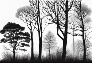 Silhouettes of trees drawn with simple vertical lines, without unnecessary details. For example, three trees of different heights. tattoo idea