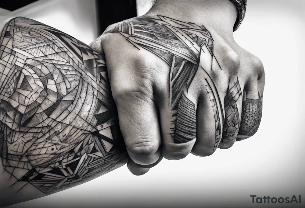 fragmented extreme pain man elbow on arm tattoo idea