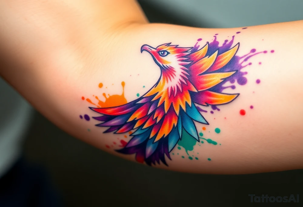 Phoenix in flames with purple, blue, orange, teal and green splashes, looking upwards with angry eye. No black outline. tattoo idea