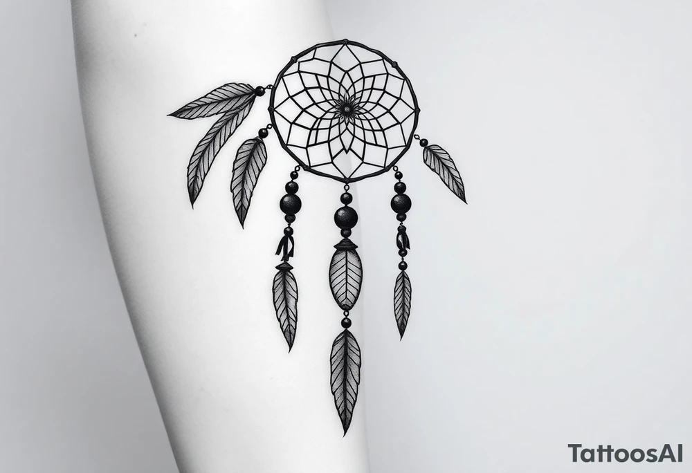 native dreamcatcher with flowing feathers and sacred beads tattoo idea