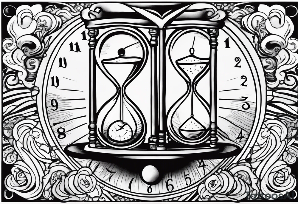 a tattoo mixing a clock integrated with an hourglass an hourglass in black and white where the year 1979 appears. on the amount of the hourglass tattoo idea