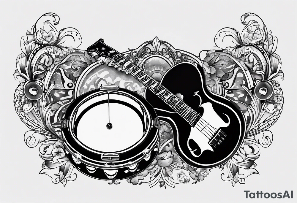 A tambourine with the lyrics 'Se alguém perguntar por mim' integrated into the design tattoo idea