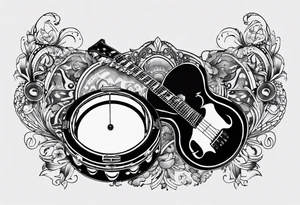 A tambourine with the lyrics 'Se alguém perguntar por mim' integrated into the design tattoo idea