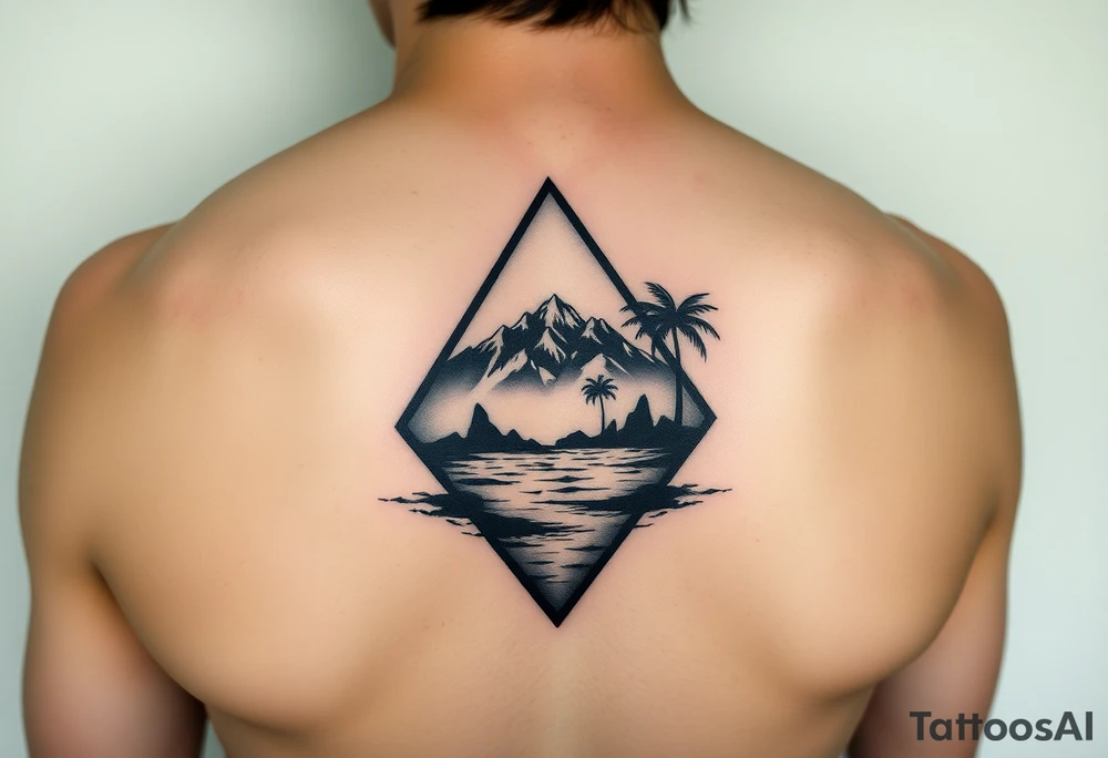 A triangle with a heart in the center with mountains, ocean with palm trees in background tattoo idea