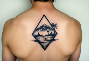 A triangle with a heart in the center with mountains, ocean with palm trees in background tattoo idea