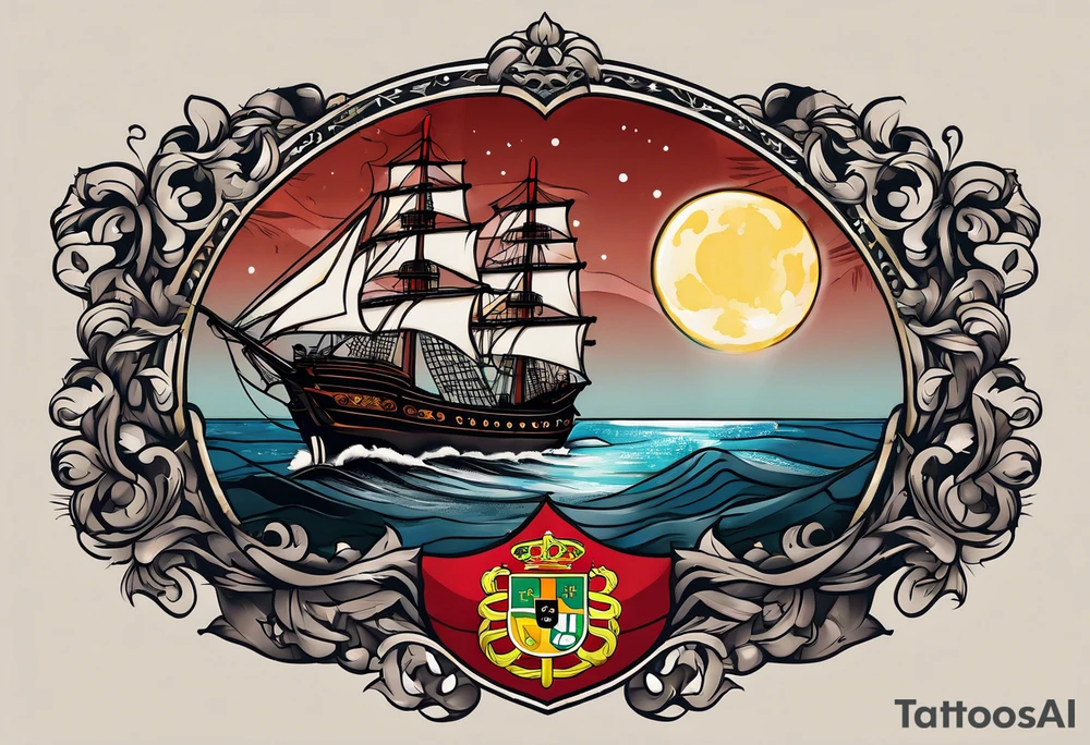 A Portuguese and a German flag with a Portuguese ship caravela in the middle on a dark night with a big moon light tattoo idea