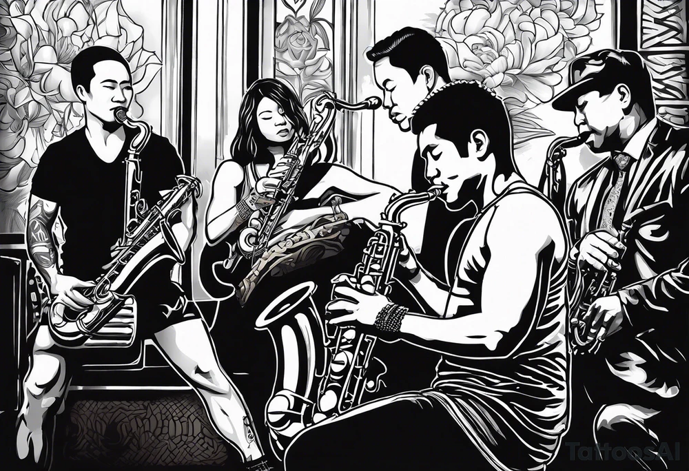 Muay Thai boxer with strong body is playing jazz on a Selmer tenor saxophone in a jazz club front of a jazz trio band. The notes are coming out from the saxophone and turning into buddhist symbols. tattoo idea