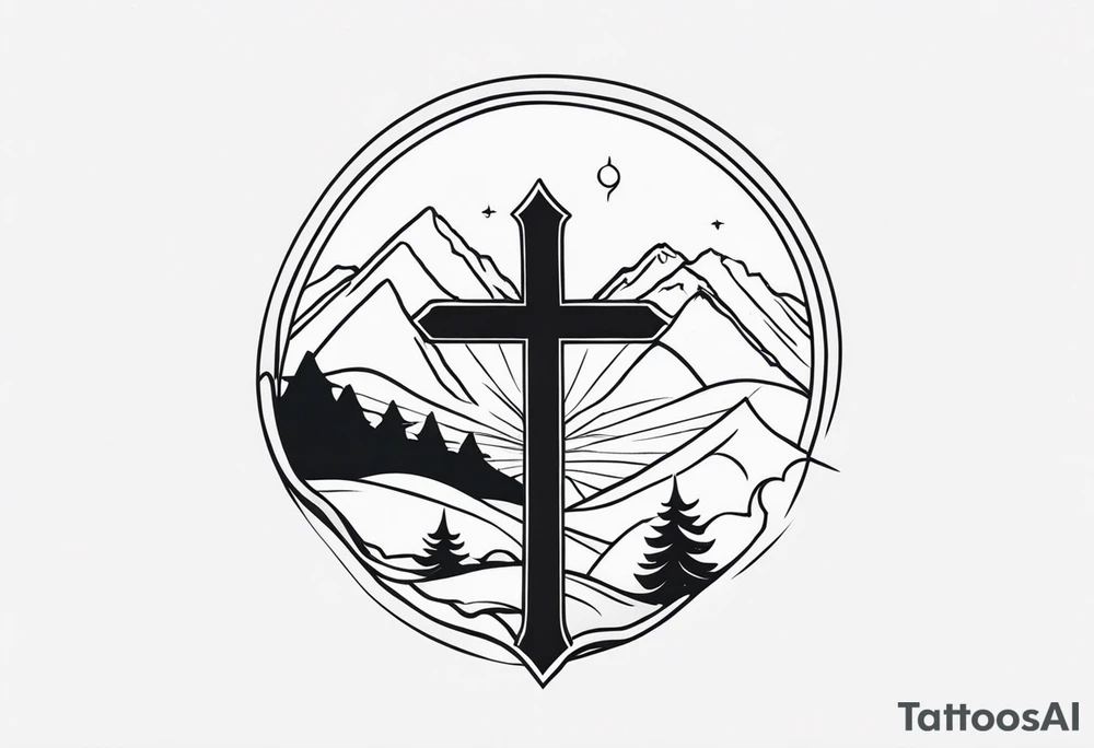 Cross with Mountains and the word "Cala" that is simple and small tattoo idea