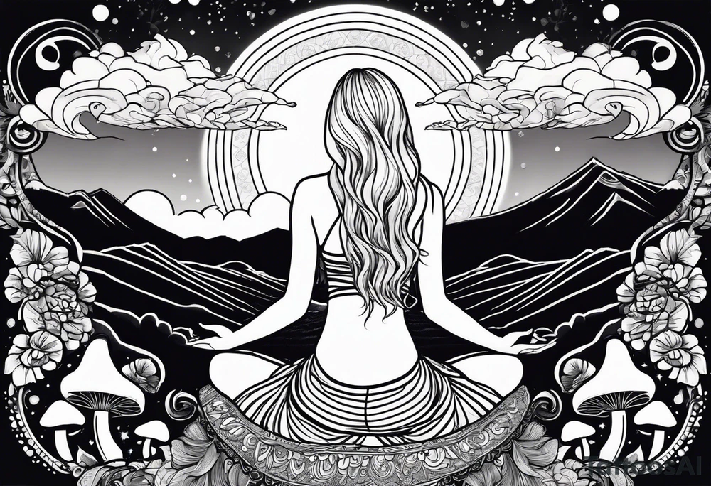 Straight blonde hair girl meditating facing away toward mountains surrounded by mushrooms crescent moon mandala circular design black and white striped dress tattoo idea