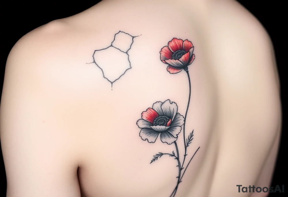 Crack in pavement at top of elbow (mostly horizontal cracks), poppy growing up back of upper arm. Airbrush flower (red). One line drawing tattoo idea