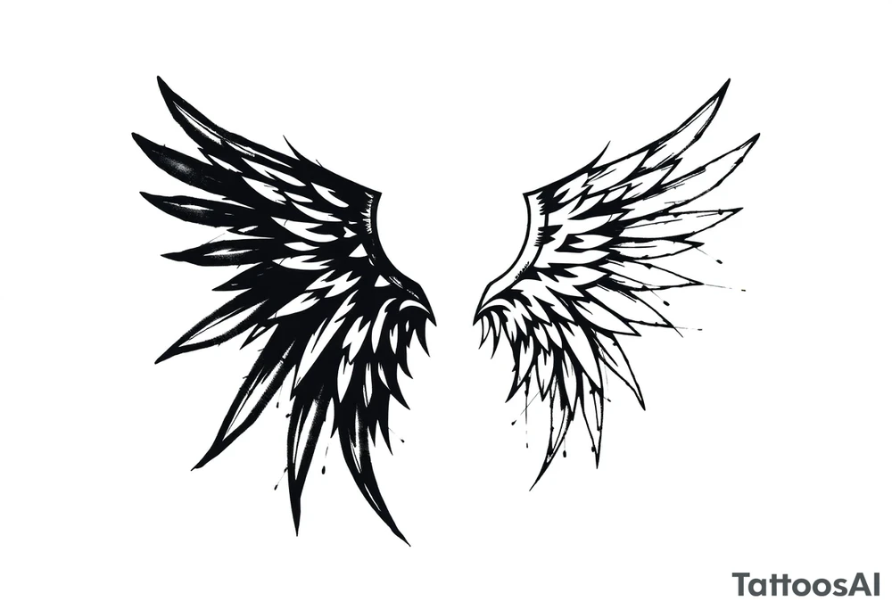 This tattoo design features a pair of asymmetrical angel wings drawn in black ink with a rough, sketch-like style. The left wing is darker, more defined, and appears denser, while the right wing is lighter, more delicate, and fragmented, creating a contrast between the two. The feathers are sharp and irregular, with fine lines and stray strokes extending outward, adding a raw and artistic feel. The overall look is dynamic and slightly chaotic, giving the impression of movement or an unfinished, ethereal form. This design symbolizes duality, freedom, transformation, or even struggle, making it a meaningful and visually striking tattoo. tattoo idea