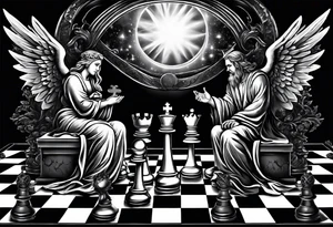 Depict an angel and devil engaged in a chess game, with the chessboard reflecting the cosmic battleground between good and evil, symbolizing the strategic nature of the eternal conflict. tattoo idea