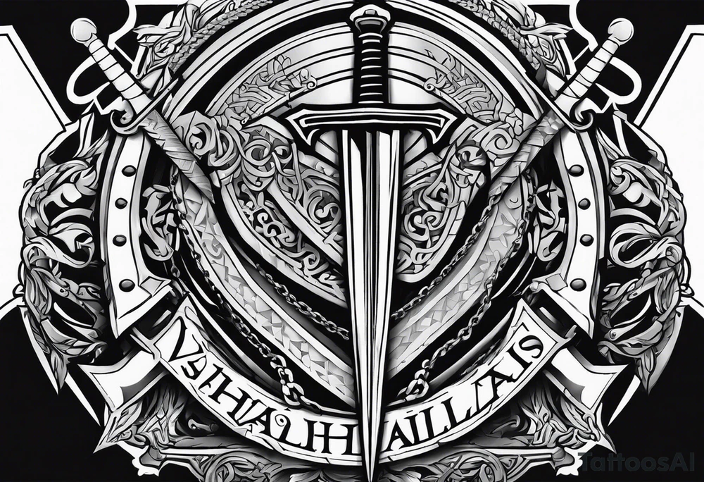 Valhalla stairs sword shield chains tattoo idea