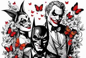 Small Batman and joker with Harley Quinn tattoo with butterflies and lots of color tattoo idea