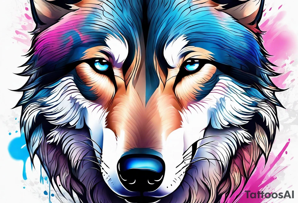 strong wolf gentle eyes one eye blue one eye pink tattoo idea