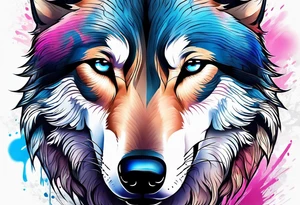 strong wolf gentle eyes one eye blue one eye pink tattoo idea