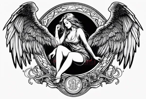 angel girl kneeling inside the symbol of satan vector  with face looking down wings wide open. tattoo idea