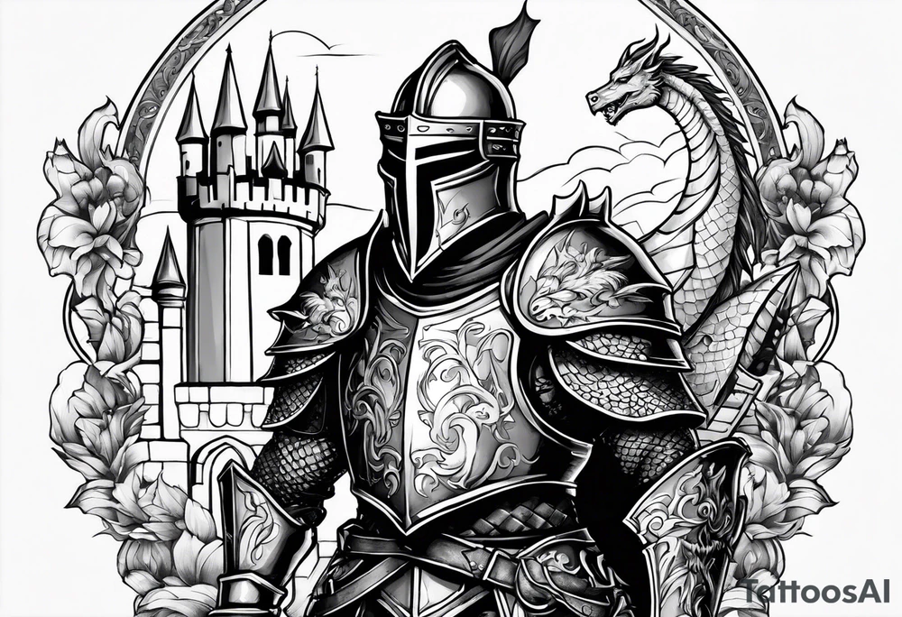 knight in armor full body with castle in background and dragon tattoo idea